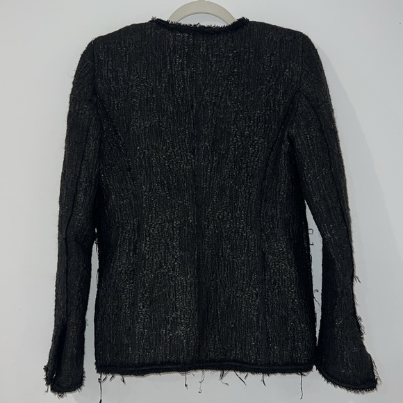 ZARA Woman Black Tweed Wool Blend Structured Woven Fringe Blazer with pockets XS - Picture 15 of 16